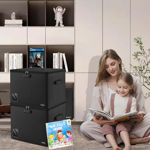 Vista 5 de Almacenamiento de cómics, caja apilable ignífuga y resistente al agua con bolsillo de malla con cremallera y ventana de etiquetas para 300-350 cómics