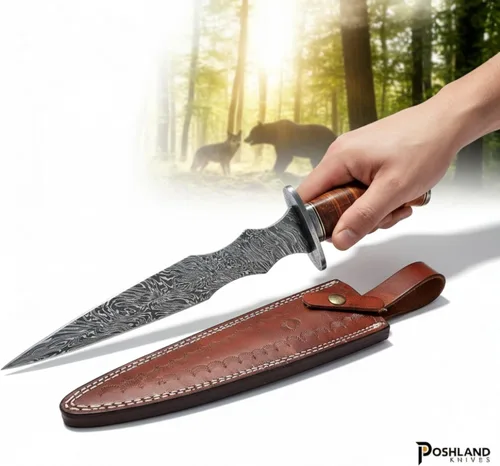 Vista 6 de Poshland DG-71 Hecho a mano Damscus cuchillo de acero con mango de cuero - doble borde