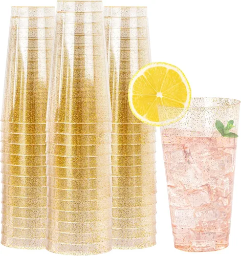 Vista 9 de I00000 Paquete de 100 unidades de vasos de plástico dorado de 12 onzas, vasos desechables con borde dorado, vasos de vino desechables y copas