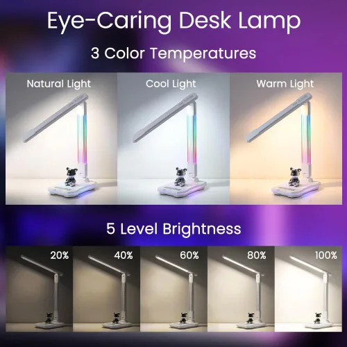 Vista 6 de WILIT Lámpara de escritorio para dormitorio universitario, luz de escritorio RGB para juegos con carga inalámbrica y puerto USB, lámpara de jugador