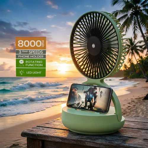 Vista 2 de OGZ Ventilador portátil inalámbrico para viajes con temporizador remoto, ventilador de escritorio pequeño de 7 pulgadas con luz nocturna LED