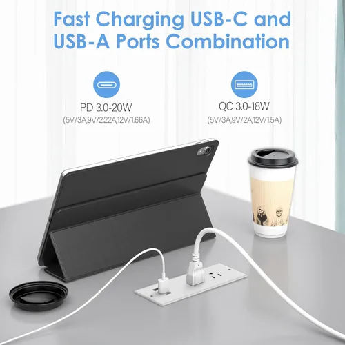 Vista 3 de Jgstkcity Regleta de alimentación empotrable USB C de 20 W, protector de sobretensiones impermeable, toma de corriente de escritorio para muebles, 2