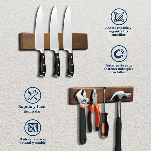 Vista 7 de Soporte magnético para cuchillos para pared, tira de cuchillos de madera de acacia de 10 pulgadas, sin taladro