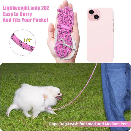 Vista 2 de Correa de entrenamiento ligera de nylon de 30 pies x 1/4 pulg. rosa con cómodo asa de silicona altamente reflectante, sin enredos, para perros
