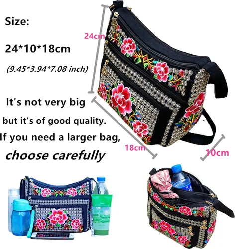 Vista 3 de PHEVOS Bolso bandolera Hobo para mujer, 3 bolsillos con cremallera, estilo vintage, étnico, tribal, bordado, bohemio, hippie