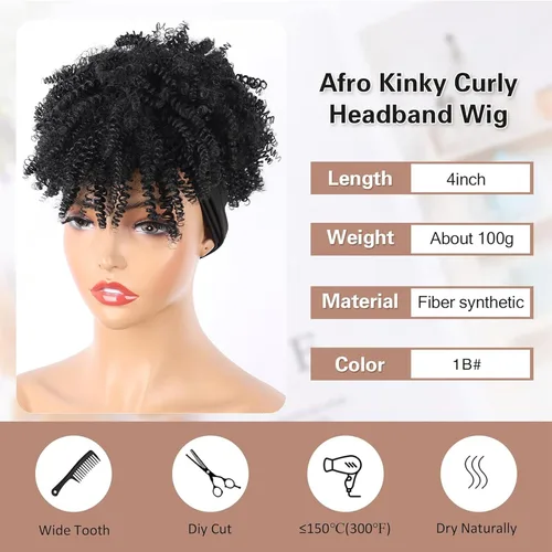 Vista 5 de Aisaide Peluca de Diadema Afro Rizada Crespa, Pelucas Afro Negras Cortas para Mujeres Negras, Peluca Sintética Rizada Crespa con Diadema y Flequillo
