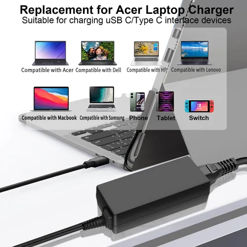 Vista 3 de Cargador de portátil USB C de 45 W para Acer Chromebook R13 11 13 15 311 315 CP311 CP713 C933 CB5-312T R751T SF713 SP714 N17Q5 N17P6 N16Q10 N16Q14
