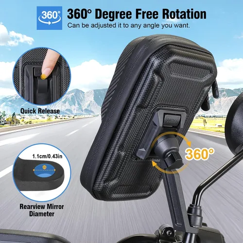 Vista 9 de Soporte de teléfono impermeable para motocicleta, rotación de 360°, espejo retrovisor de motocicleta, soporte para teléfono celular de gran