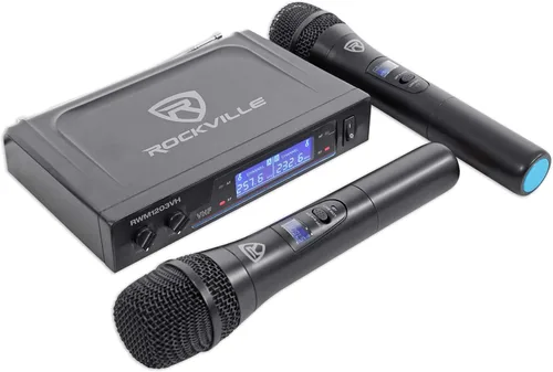 Vista 2 de Rockville RWM1203VH Sistema de micrófonos inalámbricos de mano dual, 2 micrófonos, VHF de largo alcance, sonido claro, pantalla digital
