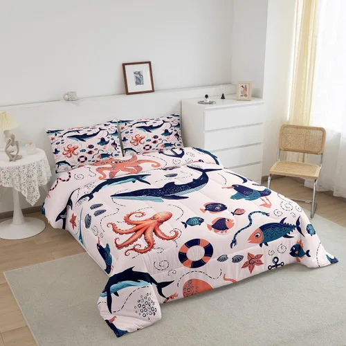 Vista 2 de Erosebridal Juego de edredón de animales costeros para niños y niñas, juego de ropa de cama de ballena de dibujos animados, tamaño individual, lindo
