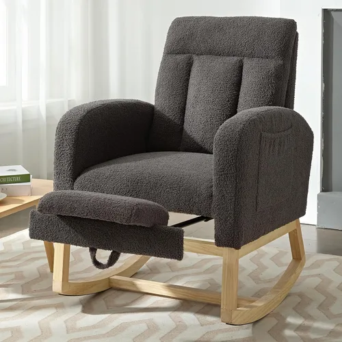 Vista 9 de NIOIIKIT Mecedora Moderna para Guardería, Mecedora Tapizada Teddy con Reposapiés, Cómoda Mecedora Deslizante con Bolsillo Lateral para Sala
