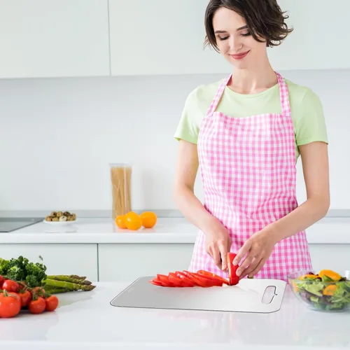 Vista 4 de 4 tablas de cortar de acero inoxidable 304 de acero inoxidable de doble cara con 4 paños de limpieza para cocina, carne, frutas y verduras