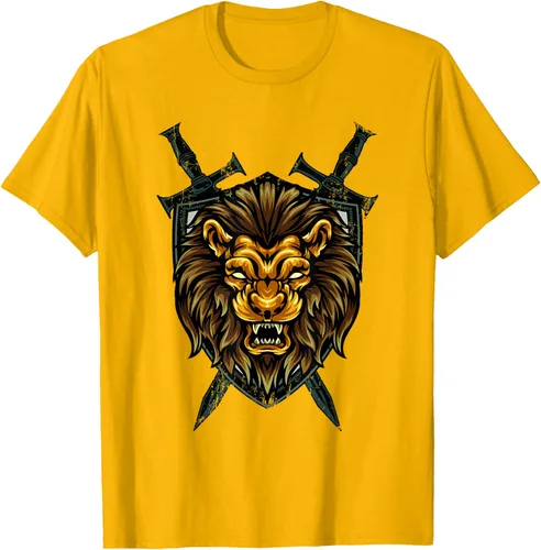 Vista 85 de Camiseta con diseño de caballero medieval renacentista, con diseño de espada de león, Negro, S