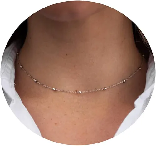 Vista 8 de Delicado collar de cadena para mujer, chapado en oro de 18 quilates, gargantilla de disco de moneda, collar simple de cadena trenzada con cuentas