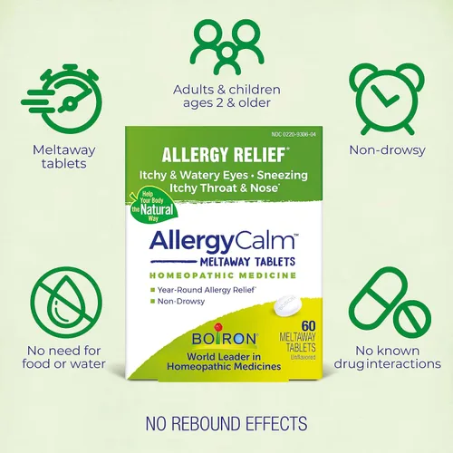 Vista 4 de Boiron AllergyCalm - Tabletas de 240 unidades, alivio de alergias y fiebre del heno, síntomas de estornudos, secreción nasal, picazón en los ojos