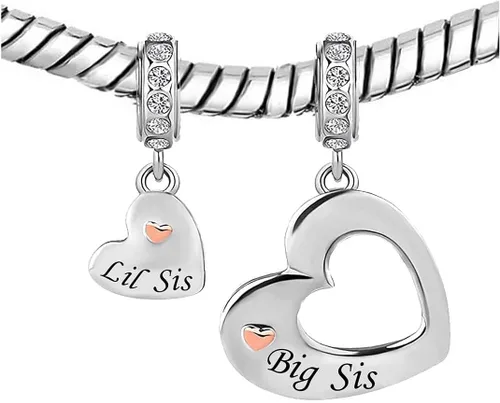 Vista 4 de KunBead Joyas de cumpleaños para hermana mayor, hermana pequeña, dijes colgantes de corazón, compatibles con pulseras Pandora, juego de collar