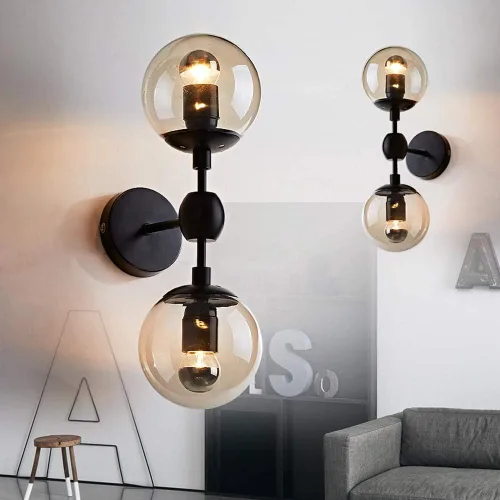 Vista 7 de Modo Lighting Industrial Wall Sconce Lighting Black Wall lamp 2 Lights Mid-Century Vanity Light Fixture with Globe Glass Shade for Bedroom Study