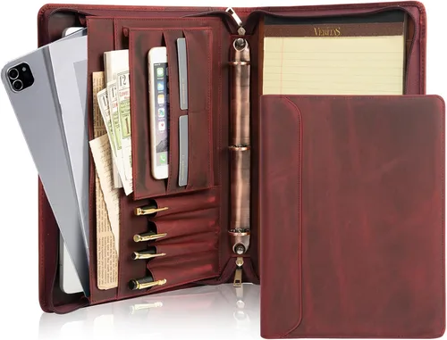 Vista 17 de Portafolio Personalizado de Cuero con Nombre Grabado, Organizador de Negocios Profesional con Cremallera para Hombres, Carpeta de Anillas