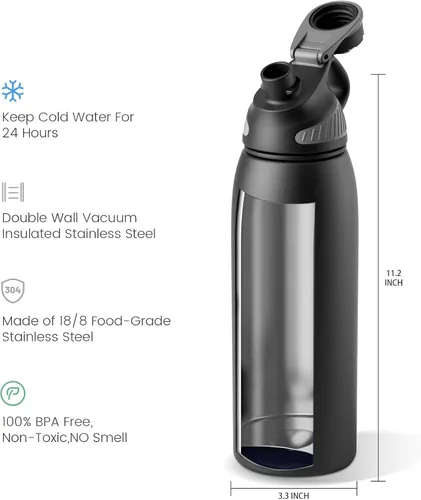 Vista 3 de Fjbottle Botella de agua aislada de acero inoxidable, botellas de agua a prueba de fugas de 32 onzas, vaso reutilizable de hielo, jarra de vacío