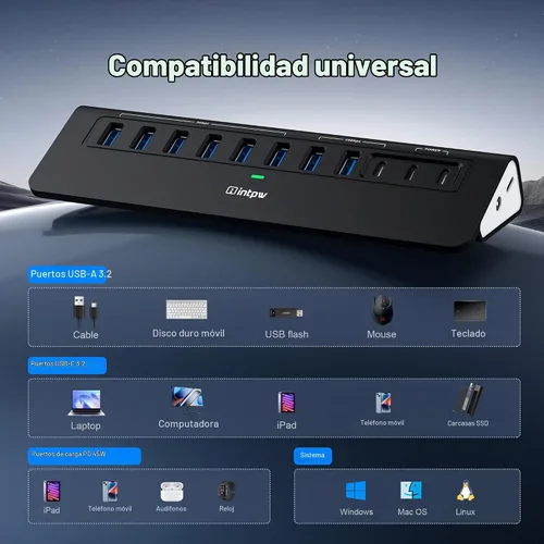 Vista 8 de Hub USB alimentado de 10 Gbps, intpw YH9AC Plus 13 puertos USB 3.2 Hub