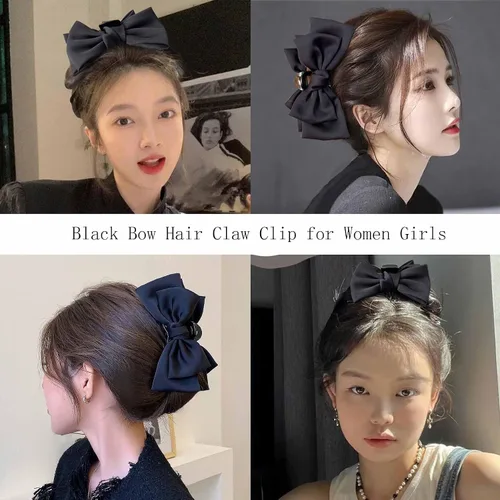 Vista 2 de Pinzas de pelo negras con lazo para mujeres y niñas, pasadores antideslizantes de 5 pulgadas para cabello grueso o fino