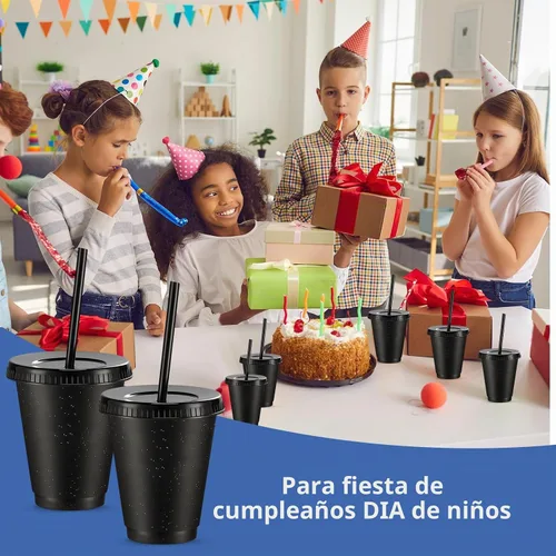 Vista 6 de Rtteri 15 vasos reutilizables con popotes y tapas, vasos de plástico con purpurina de 16 onzas, vasos de plástico para recuerdos de fiesta con Negro