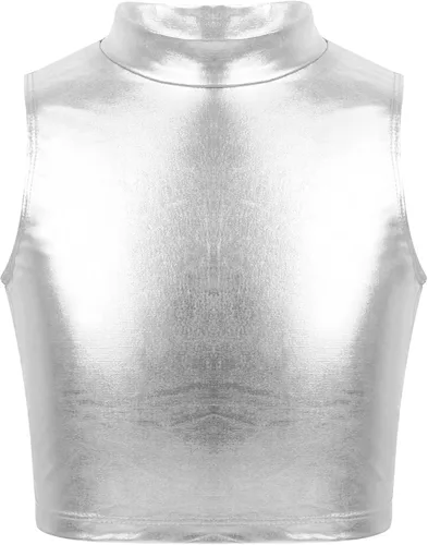 Vista 3 de FEESHOW Camiseta sin mangas metálica con lentejuelas para niñas y niños, con falda plisada, vestido de ballet para baile de jazz, hip hop, disfraces