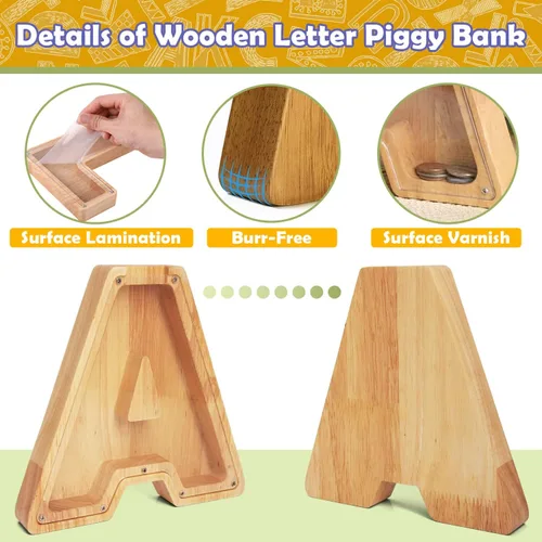 Vista 5 de Alcancía de Madera Personalizada con Letras del Alfabeto, Banco de Monedas con Letras del Alfabeto para Niños, Niñas y Bebés, Tamaño Grande, 26
