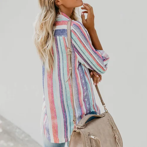 Vista 4 de Women's Striped Button Up Blouse Trendy Business Tops Dressy Soft Cotton Linen Tops Casual Long Sleeve Tops Fall Shirt