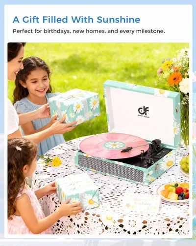 Vista 6 de Tocadiscos de vinilo Bluetooth con altavoces integrados, tocadiscos portátil vintage de 3 velocidades con auriculares de grabación USB/conector