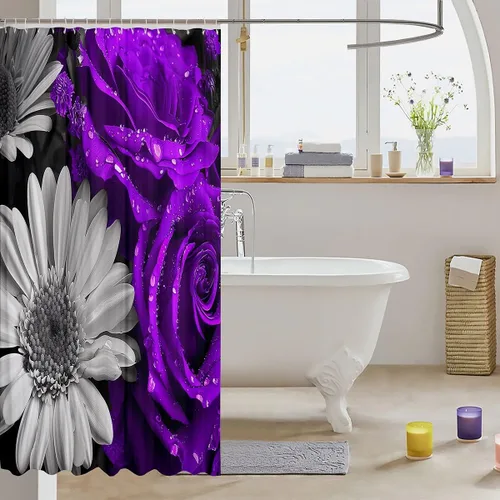Vista 3 de Cortina de ducha con rosas para niñas, juego de cortinas de ducha con rosas 3D, cortinas de baño impermeables con diseño de margaritas rústicas