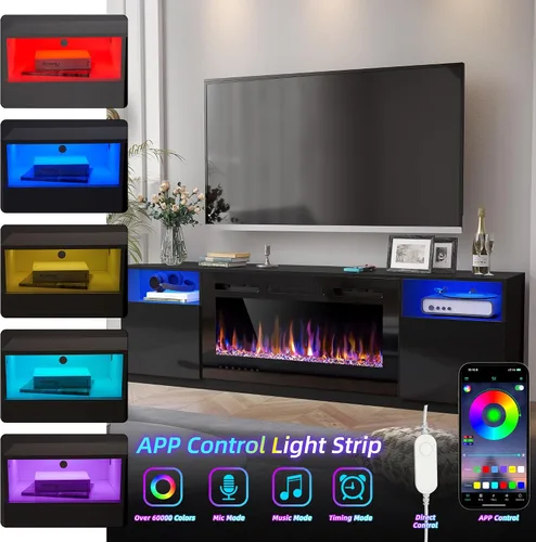 Vista 3 de Spurgehom Soporte de TV con chimenea de 70 pulgadas para televisores de hasta 80 pulgadas con chimenea eléctrica de 36 pulgadas, consola de TV