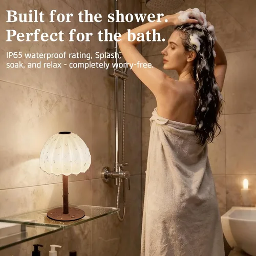 Vista 2 de Lámpara de ducha impermeable inalámbrica, IP65 recargable táctil regulable para ducha interior, 4500 mAh, funciona con pilas, lámpara de mesa a