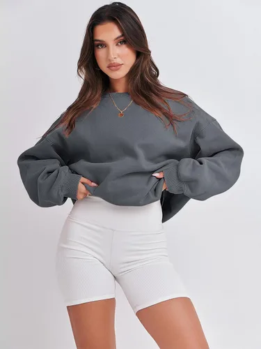Vista 3 de ANRABESS Sudadera de manga larga para mujer, casual, cuello redondo, ajuste holgado, sudadera con capucha de forro polar para otoño