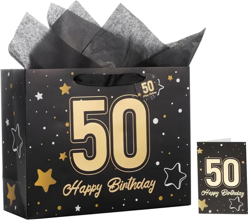 Vista 46 de Powbrace Bolsa de regalo de cumpleaños número 30 negra de 13 pulgadas con papel de seda y tarjeta de felicitación para fiestas, bolsa de regalo