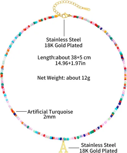Vista 5 de JIGIGIJ Collares con iniciales de cuentas coloridas para niñas, adolescentes, regalos hechos a mano, personalizados, de acero inoxidable chapado