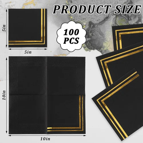 Vista 2 de Whaline 100 servilletas de cóctel doradas y negras, servilletas de papel de papel de aluminio dorado grueso desechable para postre para cumpleaños