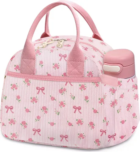 Vista 17 de Carry bloom Lonchera para mujer, lonchera aislada, bonita lonchera de pana reutilizable para el trabajo (1 rayas blancas y negras)