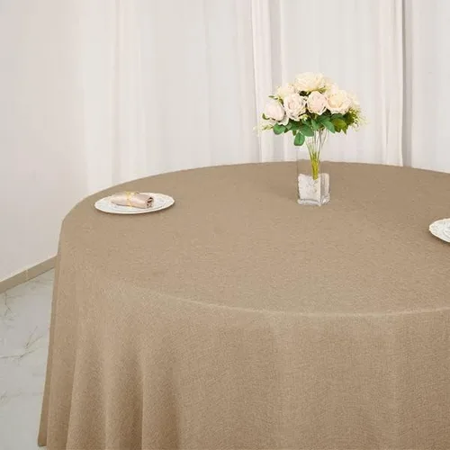 Vista 3 de Balsa Circle Mantel redondo natural de arpillera sintética de 108 pulgadas para bodas, recepciones, fiestas, eventos, catering
