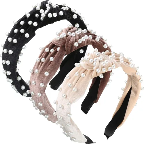 Vista 9 de WILLBOND Diadema anudada con perlas de terciopelo para mujer, accesorios para el cabello (beige, malva pálido, negro)