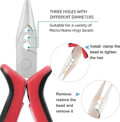 Vista 2 de Alicates para extensiones de cabello, 3 agujeros para extensiones de cabello con micro nanoanillo, abrey extracción, alicates de punta de aguja