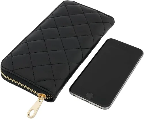 Vista 5 de Fioretta Cartera acolchada de cuero genuino italiano para mujer, organizador de tarjetas de crédito, color negro, Negro, Cartera con cremallera