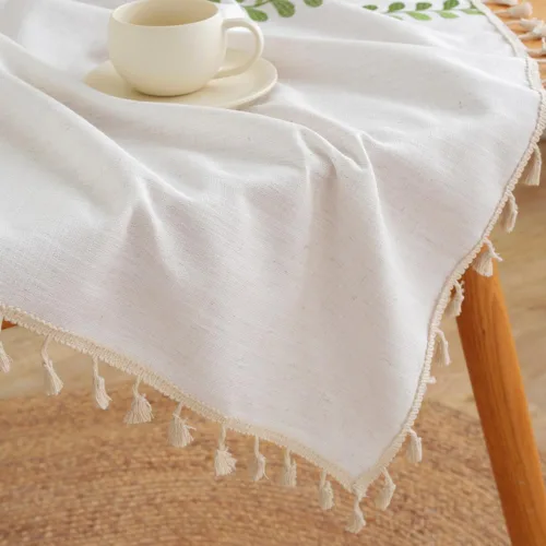 Vista 8 de AMZALI Mantel cuadrado de lino de algodón con bordado de hojas, diseño para granja, con borlas, sin arrugas, cubierta de mesa para decoración