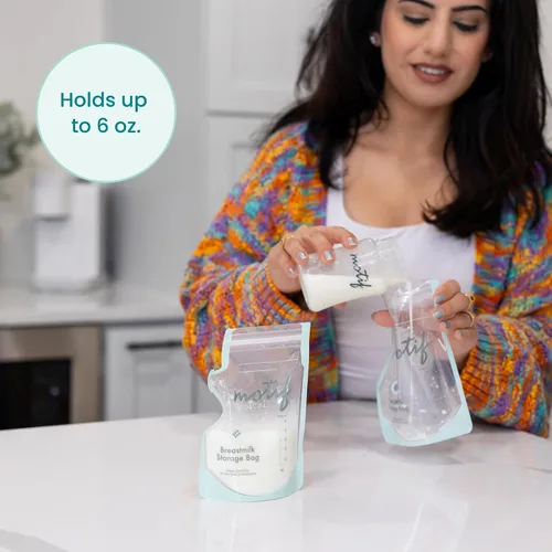 Vista 3 de Motif Medical Bolsas de almacenamiento de leche materna – Bolsas para el congelador de leche materna con boquilla fácil de verter, etiqueta