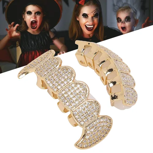 Vista 4 de Rejillas de dientes de cobre chapado en frío, oro plateado, dientes de diamante helados para hombres y mujeres rapero traje dientes joyería