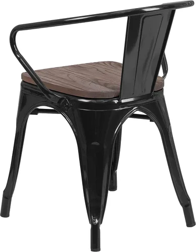 Vista 7 de EMMA + OLIVER Silla de metal negro con asiento y brazos de madera