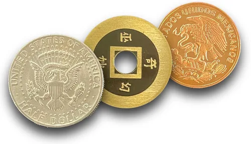 Vista 3 de Ted's Sterling Magic Truco de cobre y plata de latón con medio dólar de Estados Unidos, moneda china y centavo mexicano