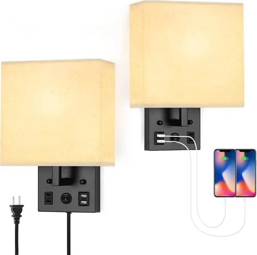 Vista 8 de Juego de dos apliques de pared negros, luces de pared de noche para dormitorio, aplique de pared enchufable con puertos USB y tomas, lámpara