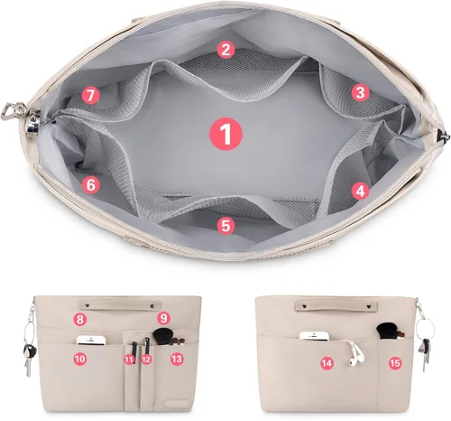 Vista 3 de HyFanStr Organizador de bolso para bolsos, organizador de bolsa de mano, bolsa con cremallera para mujer, organizador de bolso interior con 15