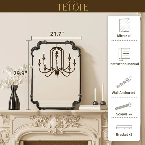 Vista 7 de Espejo rectangular negro barroco vintage para pared, 22 x 30 pulgadas, marco de desplazamiento antiguo, espejo de manto francés para chimenea, baño